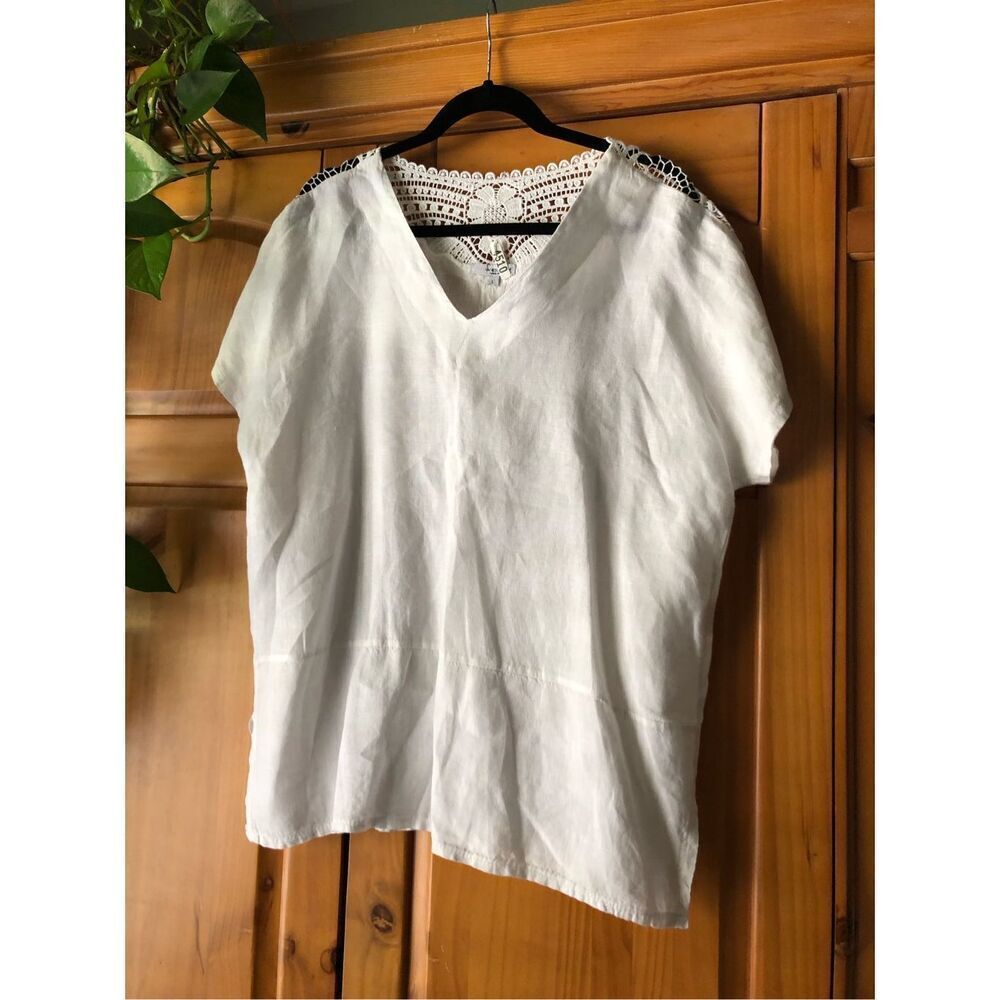 Vanessa Zani Women Tunic Blouse Lace Italy Linen White SZ L